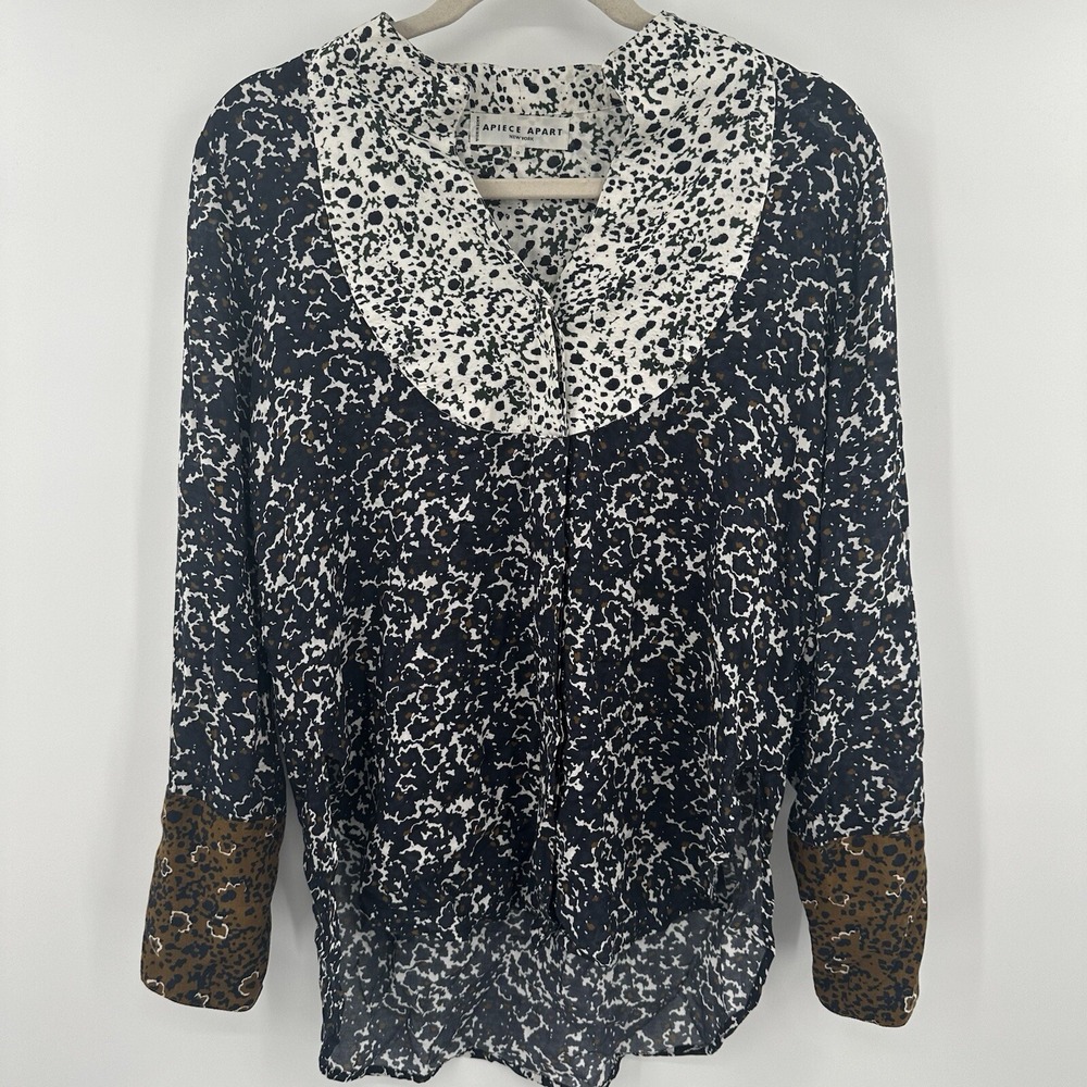 Apiece Apart Mixed Print Silk Blouse Black White Brown Floral V-Neck Size 0